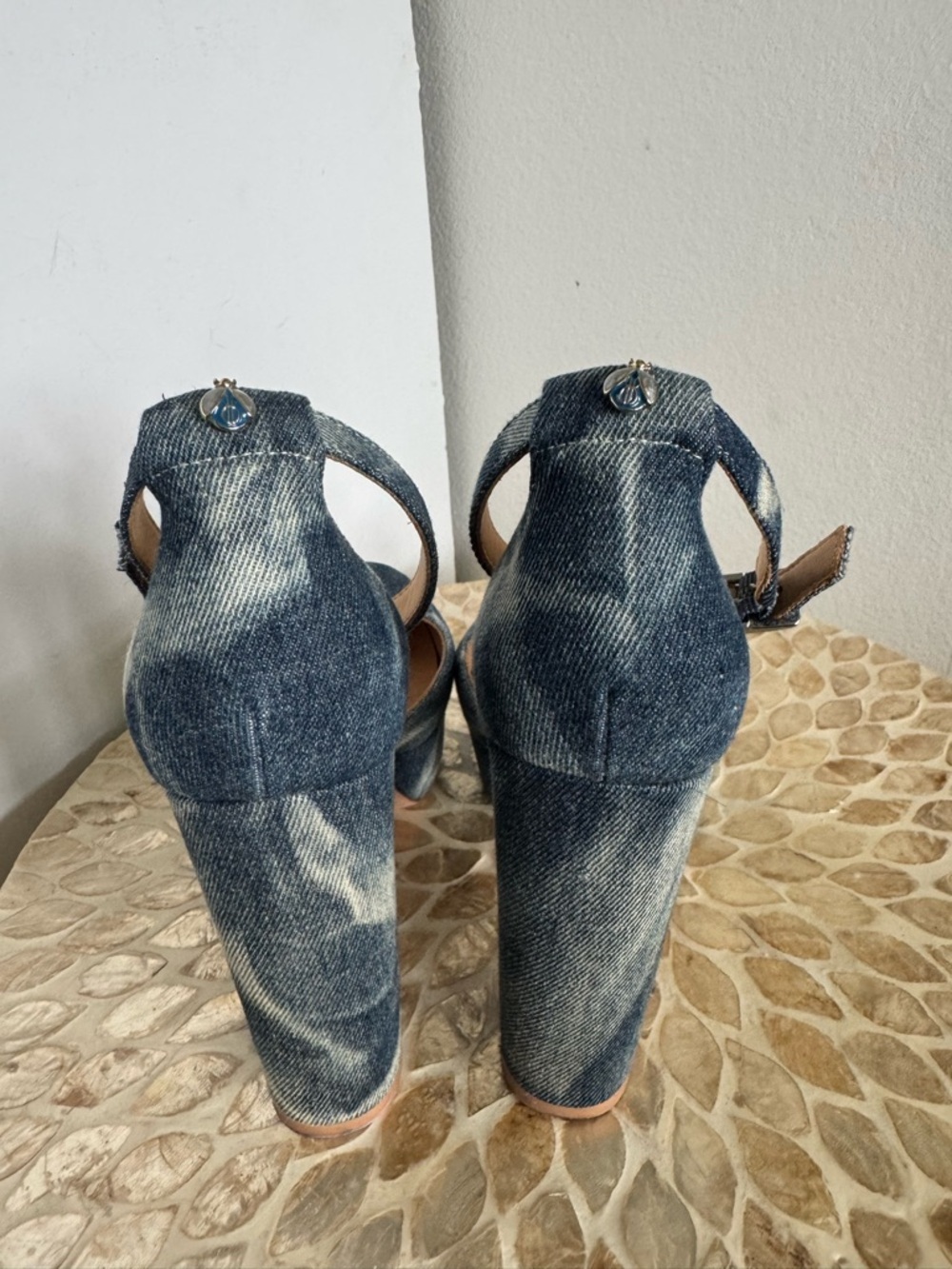 Bill Blass Blue Ellie Bleached Denim Tie-Dye Platform Ankle-Strap Heels - Picture 11 of 15